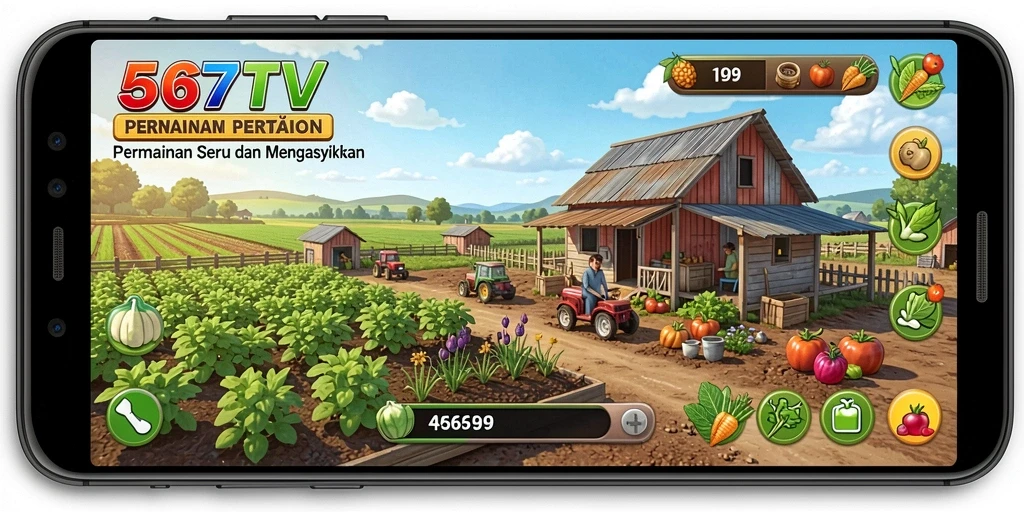 Tampilan gameplay 567TV yang menampilkan ladang pertanian yang subur.