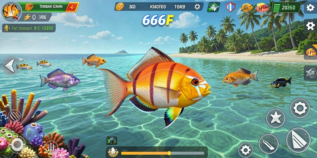 Screenshot gameplay 666F menampilkan aksi menembak ikan yang seru