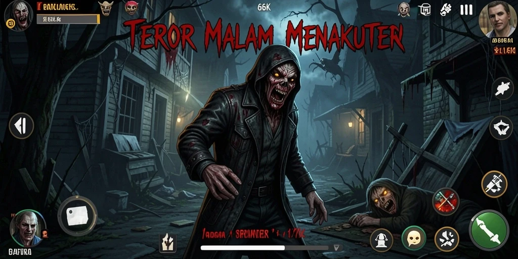Screenshot gameplay 66K yang menunjukkan suasana horror yang mencekam.