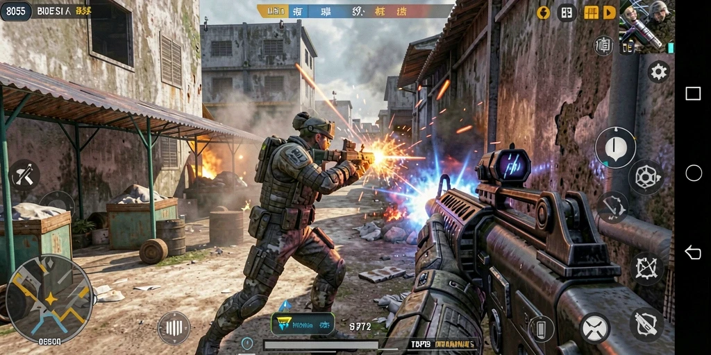 Tangkapan layar gameplay 8055 menunjukkan aksi tembak-menembak yang intens.
