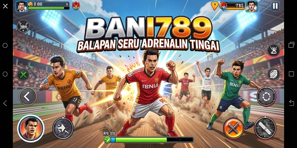 Screenshot gameplay BNI789 menunjukkan balapan seru di trek menantang.