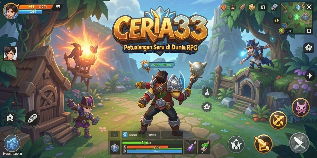 Screenshot gameplay CERIA33 menampilkan pertarungan epik di dunia RPG.