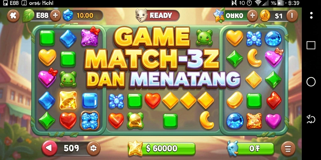 Tampilan gameplay <strong>E88</strong> dengan permata berwarna-warni dan efek seru.