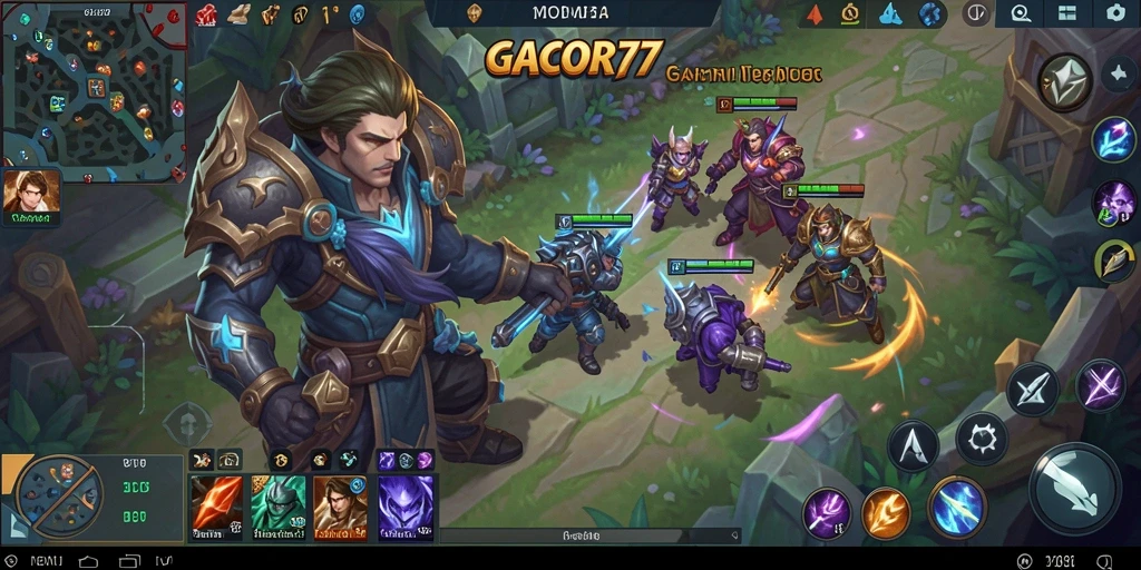 Screenshot gameplay GACOR77 yang menampilkan pertempuran seru dalam arena MOBA.