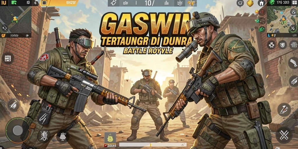 Screenshot gameplay GASWIN menampilkan pertarungan intens Battle Royale.