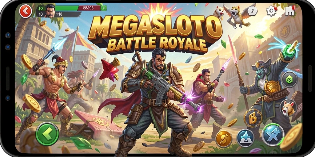 Tampilan gameplay intens dari MEGASLOTO dalam pertempuran Battle Royale.