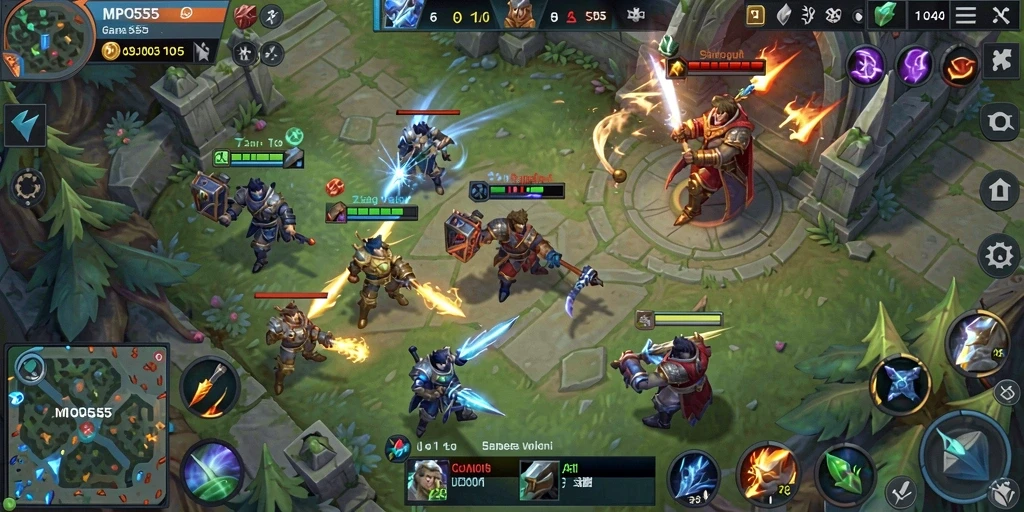 Screenshot menampilkan pertarungan seru dalam game MOBA MPO555.