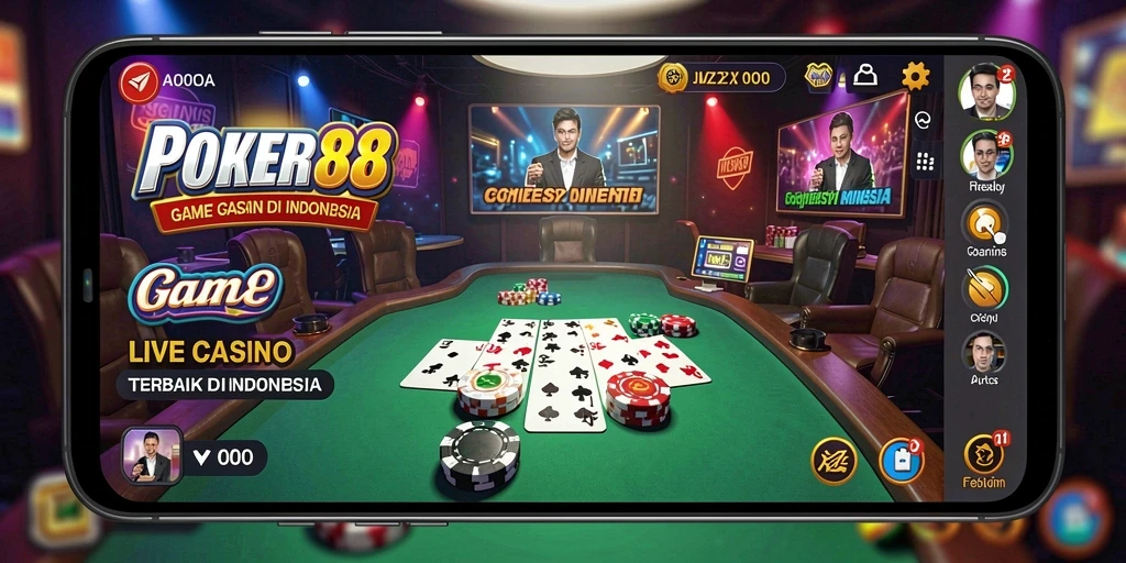 Screenshot POKER88 menampilkan dealer langsung dan suasana permainan kasino.