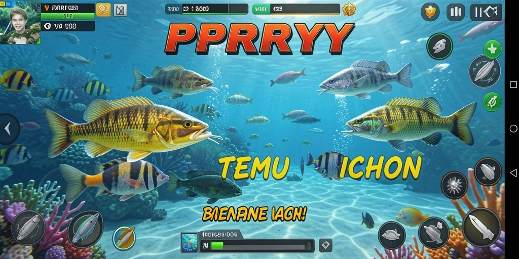 Tampilan gameplay PPRRYY dengan berbagai jenis ikan untuk ditembak.