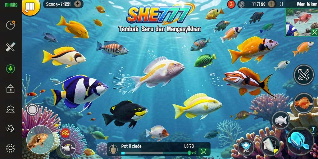 Screenshot gameplay SHE777 dengan ikan berwarna cerah.
