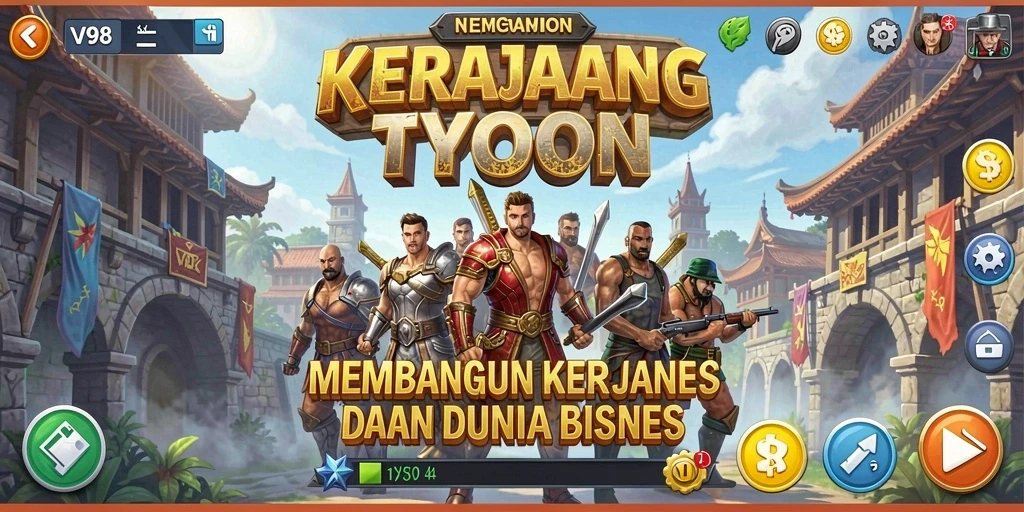 Tampilan gameplay V98 yang menarik dalam membangun kerajaan bisnis Tycoon.